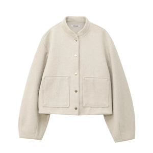Women's cropped bomber jacket with stand collar and pocket details in cream white