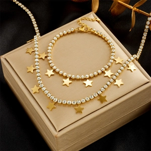 Luxury Titanium Steel Star Necklace Bracelet Gold Plated Rhinestone Pave Pentagram Pendant Fashion Jewelry For Women