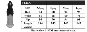 Size chart detail for the V-neck lace evening dress with measurements from XS to L