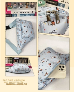 Detailed four-grid view of blue dog print waist bag showing zipper and large inner capacity