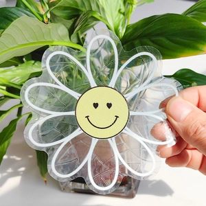 Rainbow suncatcher window film detail featuring a flower shape with a yellow smiley face