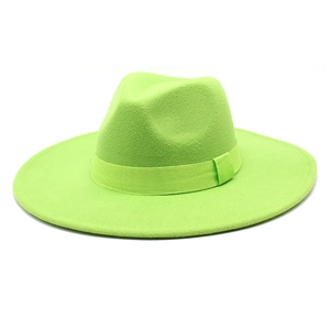 Detailed texture of neon green wool fedora with wide brim and matching grosgrain ribbon