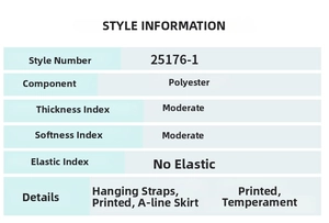 Detailed size chart for floral A-line beach dress with fabric and elasticity specs