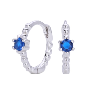 Minimalist S925 sterling silver hoop earrings with round blue gemstones and beaded texture