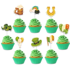Detailed view of Saint Patrick's Day cupcake toppers featuring rainbows, hats, and shamrocks