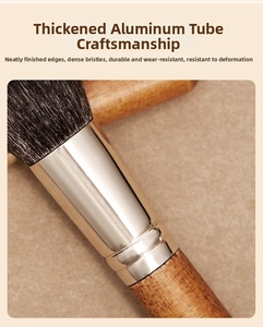 Detail of thickened aluminum tube and natural wood handle of portable makeup brushes