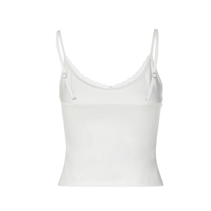 Detailed back view of white lace camisole with adjustable straps and slim fit design