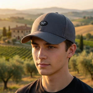 Deep grey cotton baseball cap with SP logo badge worn outdoors in sunset light