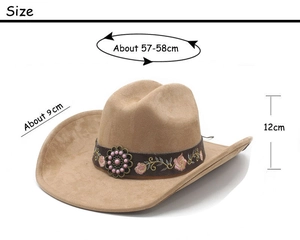 Guide des tailles pour chapeau de cowboy brodé avec bord de 9cm et tour de tête 57-58cm