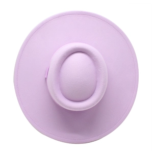 Top-down view showing the lavender wool felt texture and reinforced stitching of the brim
