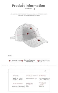 Size chart showing dimensions for a flat brim polyester sun hat with adjustable strap