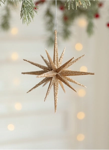 Sparkling gold star Christmas tree ornament with glitter finish and silver hanging string