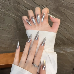 Metallic chrome mirror stiletto press-on nails with silver reflective finish