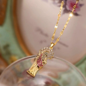18K gold plated necklace featuring a Virgin Mary pendant with red and white zircons