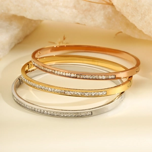 Three-color titanium steel bracelets with cubic zirconia in gold, silver, and rose gold