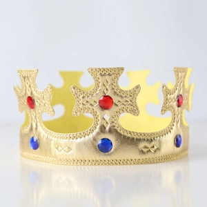 Golden fabric king crown with cross design and colorful gems for birthday cake topper