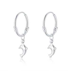 Detailed view of silver S999 sterling silver hoop earrings with dolphin charms