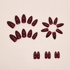 Glossy deep wine red almond shape press on nails set with multiple sizes on beige background
