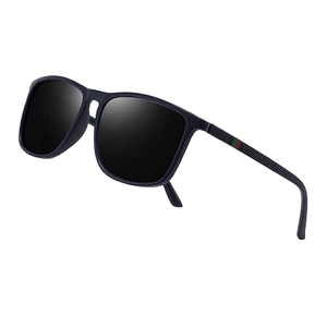 Classic polarized square sunglasses for men featuring blue matte frames and striped temples