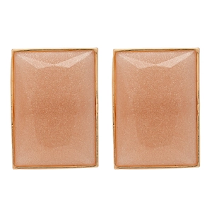 Pink and champagne rectangular resin earrings with gold edges on white background