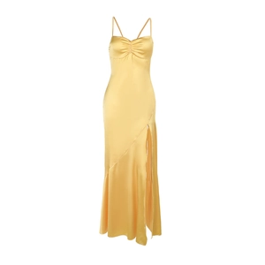 Elegant yellow satin camisole maxi dress with sweetheart neckline and high side slit
