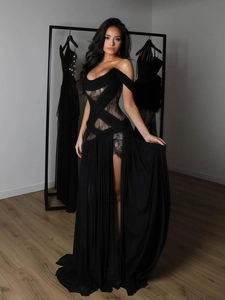 Robe De Soirée Noire Sexy En Dentelle Épaules Dénudées Ajourée Fente Haute Maxi Élégante Longue Robe De Bal Pour Femmes