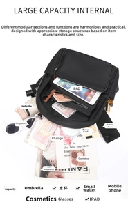 Top-down view of black travel backpack with large capacity storage compartments for iPad