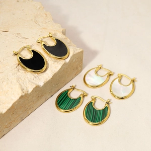 Boucles D'oreilles Créoles En U Acier Inoxydable Plaqué Or 18K Géométrique Malachite Coquille Agate Bijoux Minimalistes Femmes