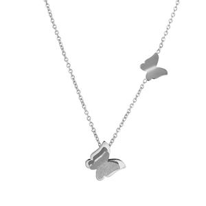 Minimalist silver titanium steel double-layer butterfly pendant necklace on white background