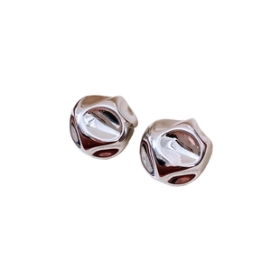 Minimalist silver irregular round crinkle stud earrings with polished liquid metal finish