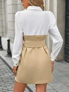 Rear view of an elegant polo collar dress with a khaki high-waisted pleated skirt detail