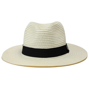 Beige wide brim Panama straw hat for men and women featuring a black decorative ribbon
