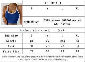 Size guide for blue knit vest showing S to XL measurements and 65% viscose fabric composition