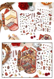 Detailed view of DIY miniature cottage scrapbooking stickers with cozy furniture designs