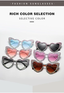 Detailed color selection of heart-shaped sunglasses with premium rhinestone inlay decoration