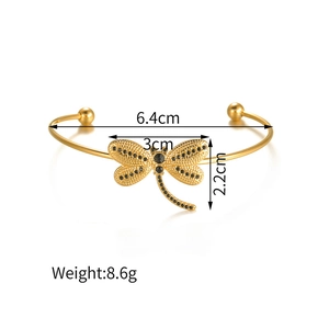 Minimalist 18K gold plated cuff bracelet with dragonfly pendant and black crystal accents