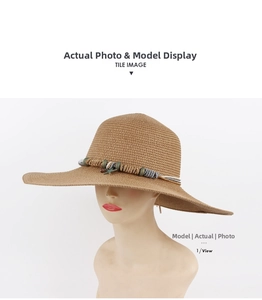 Detail of hand-woven straw hat crown with bohemian beaded rope band on a display head