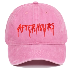 Pink washed cotton baseball cap with red After Hours embroidery in a vintage style