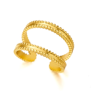 Unregelmäßiger geometrischer doppelschichtiger Goldring mit Perlenstruktur für Damen