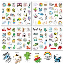 Detailed grid view showing various cartoon summer stickers with dimensions from 18mm to 31mm