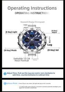 Detail view of dual-display waterproof sports watch showing date, alarm, and LED backlight