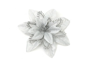 Macro detail of three-layer silver artificial Christmas flower with glitter edges