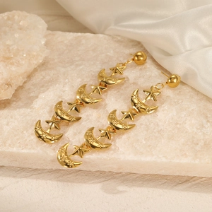 Fashionable 18K gold plated long drop earrings featuring star and moon charms