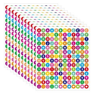 Close-up of 0.5-inch waterproof alphabet and number dot stickers for DIY scrapbooking