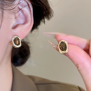 Detail view of retro oval stud earrings with brown tiger eye stone in gold-plated frames