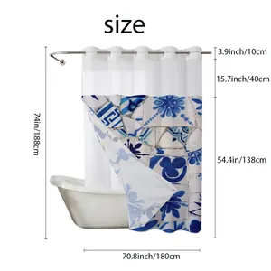 Detailed size chart for waffle weave shower curtain with blue geometric tile pattern