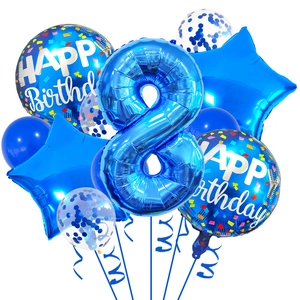 Detail of blue number 8 foil balloon set with sequin and happy birthday round balloons
