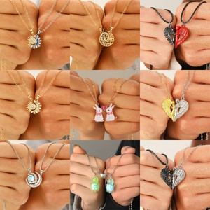 Magnetische Pärchen-Halsketten mit Sonne Mond und Herzanhängern und leuchtendem Stein