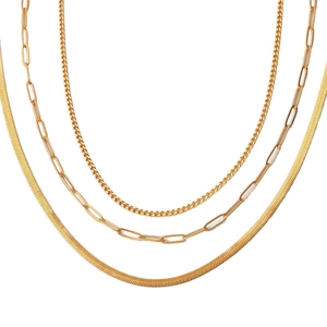 Three-layer 18K gold plated stainless steel necklace set with snake, clip and cuban chains