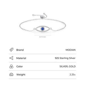 S925 sterling silver evil eye bracelet with blue crystals and adjustable chain